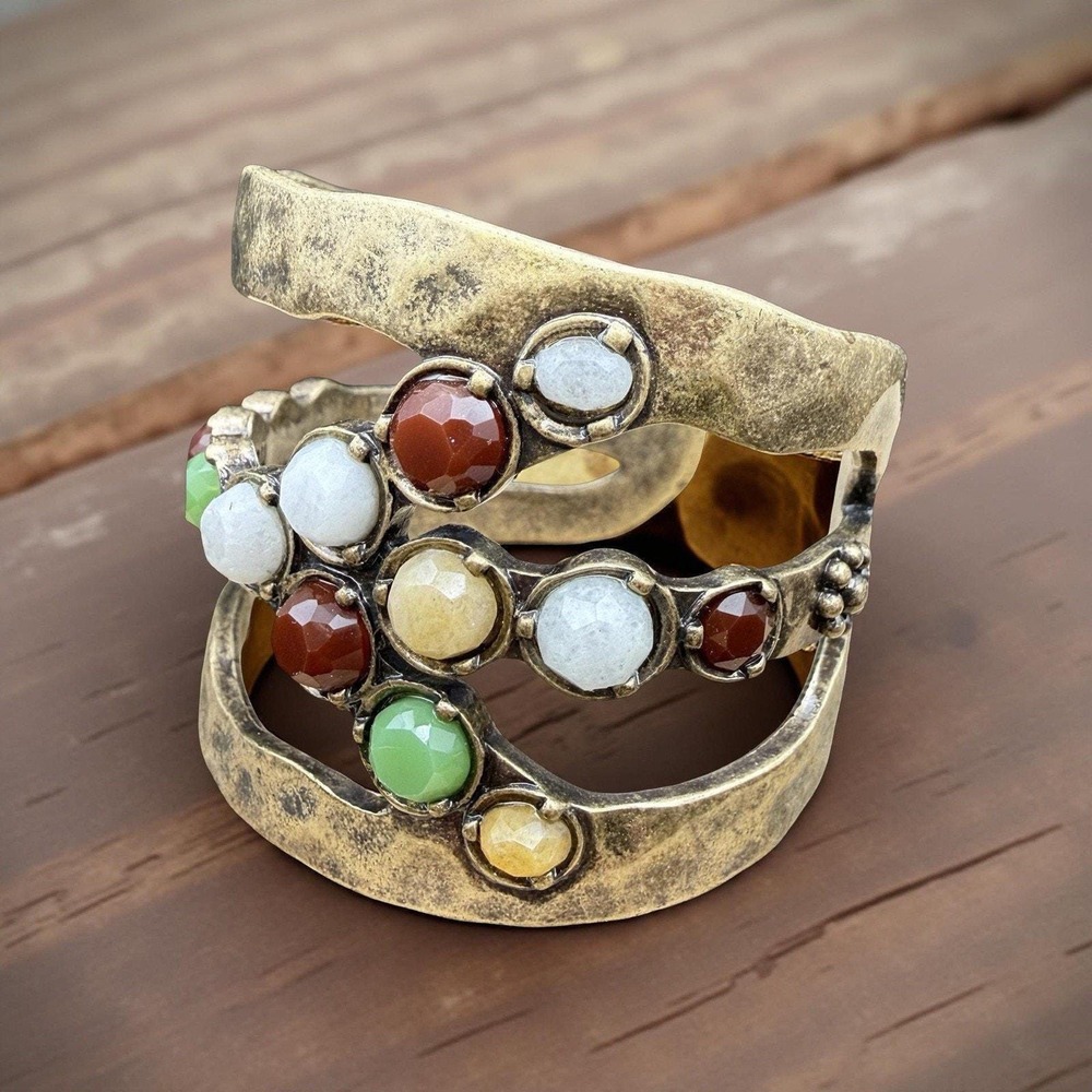 Lucky You Brass Cuff Bracelet Mixed Stones Boho Statement Signed Bold Bracelet